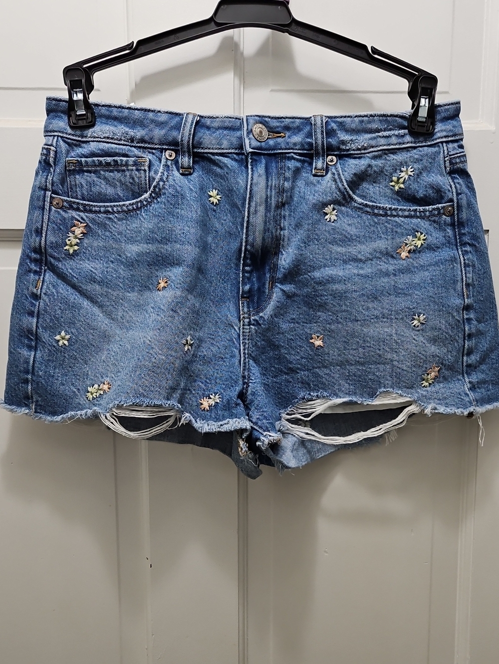 American Eagle Women’s Blue Embroidered Denim Shorts - Floral Accent Size 8